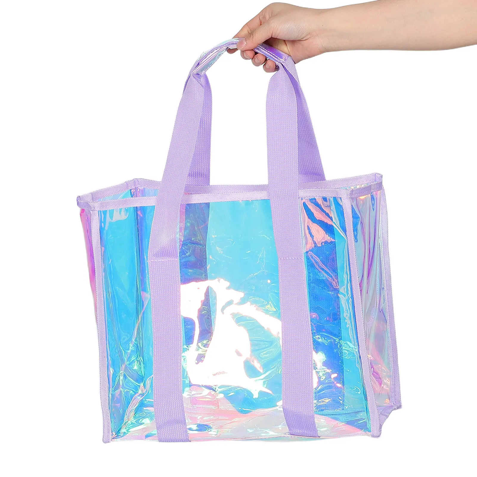 

Набор из 1 водонепроницаемой голографической сумки-тоут из ПВХ для пляжа, большой вместимости, с ослепительным иризирующим дизайном, для летних путешествий и хранения вещей у бассейна