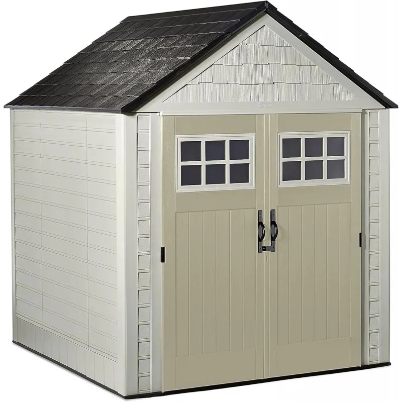 Rubermaid 7 x 7 Foot Durable Weatherproof Resin Outdoor Storage Shed for Garden Tool and Lawn Machinery Organization,Sandstone