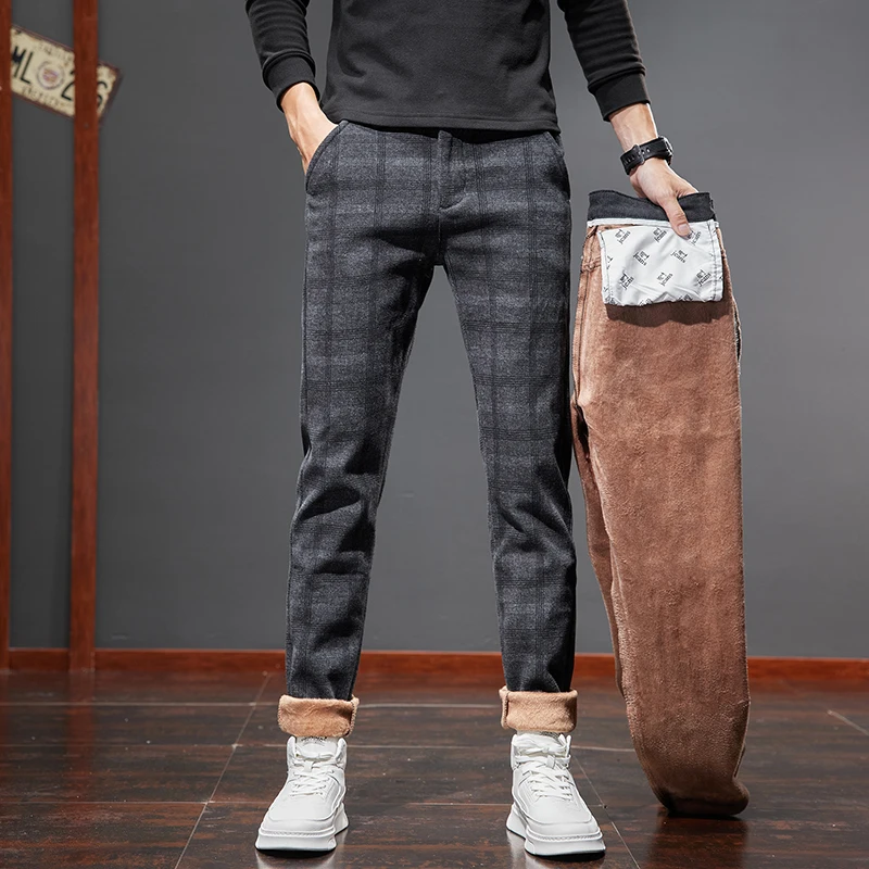 

Winter New Men's Warm Casual Pants Business Fashion Fleece Thick Office Stretch Grey BlackTrousers Male Size 28-38