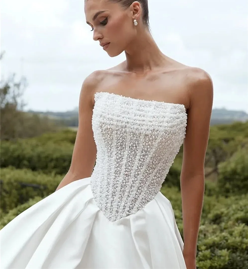 

Shiny Beaded Sequined Wedding Dresses 2026 Detachable Long Sleeves Strapless Side Slit A Line Bride Dress Bridal Gowns Vestidos