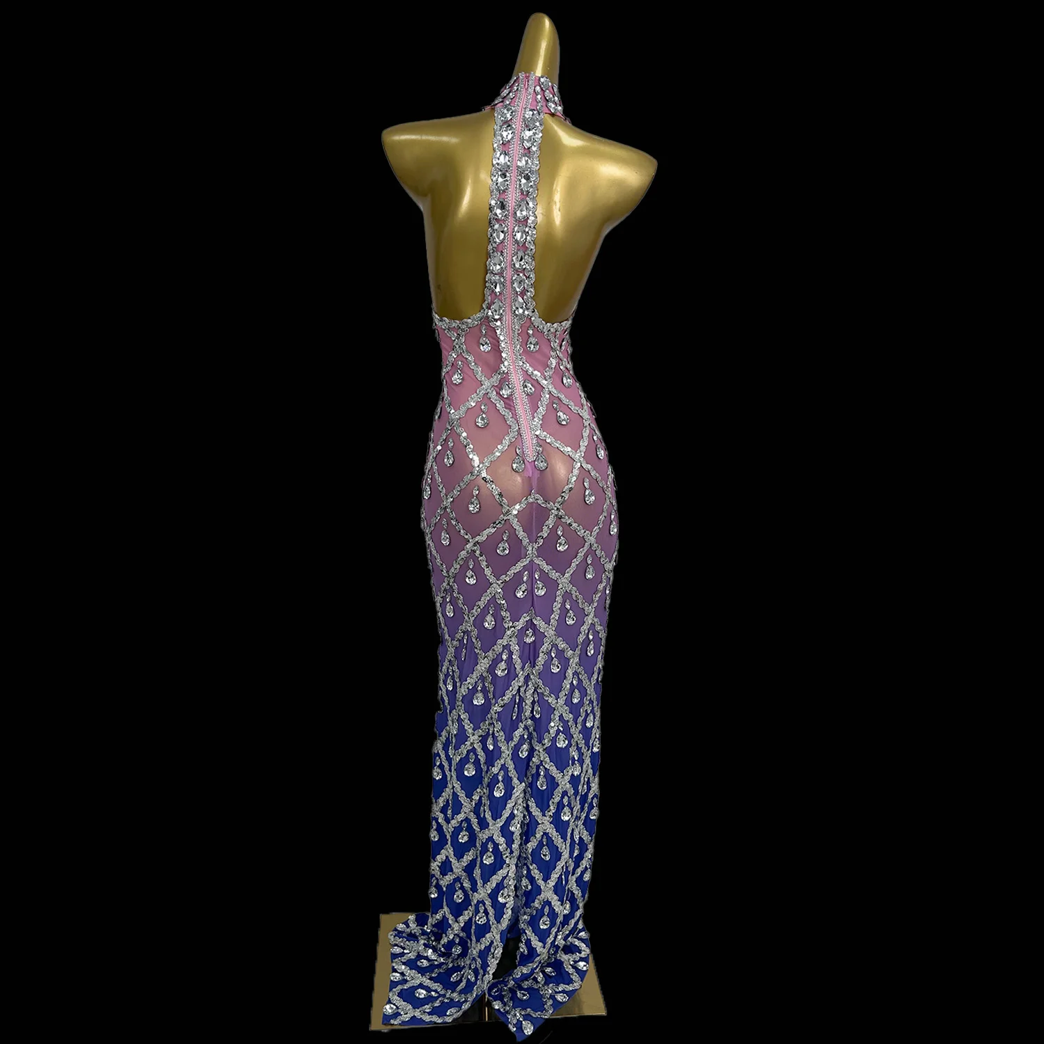 2024 sexy bareback bola chão vestido longo azul rosa gradiente sem mangas vestido celebração do feriado aniversário vestido de festa de casamento jb