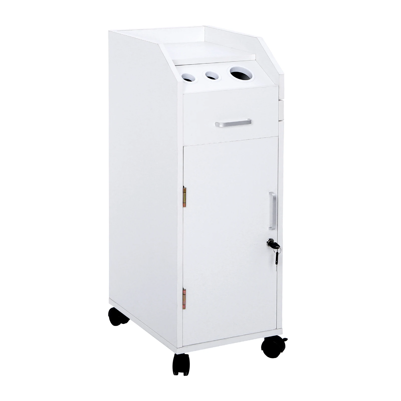 Hair Salon Storage Cart with Wheels & 3 Hair Dryer Holders & 4 Drawers & Lock & 2 Keys, White