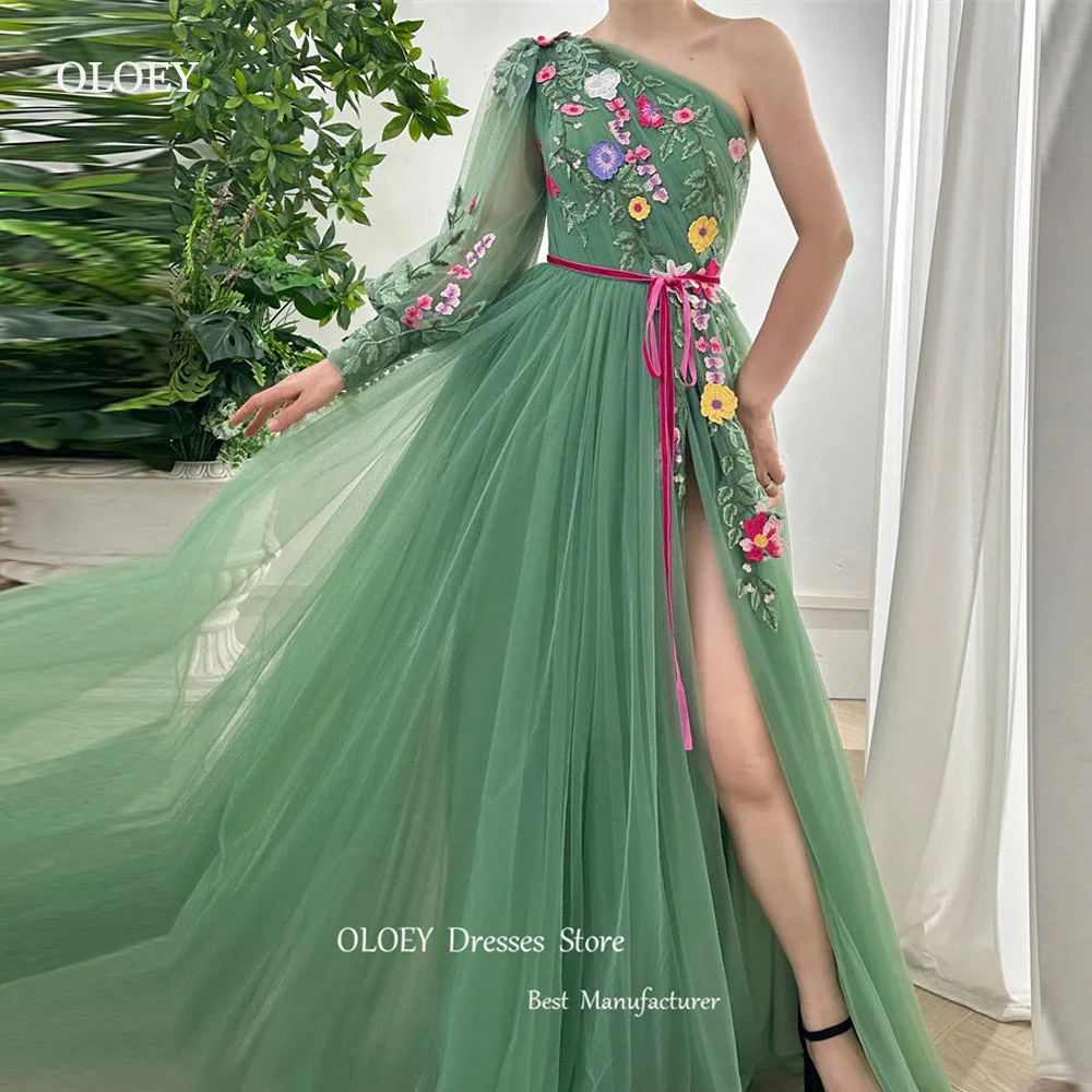 

OLOEY Elegant Sage Green Tulle Long Evening Dresses Wedding Party Guest 3D Flowers Split Formal Occasion Gowns Prom Dress