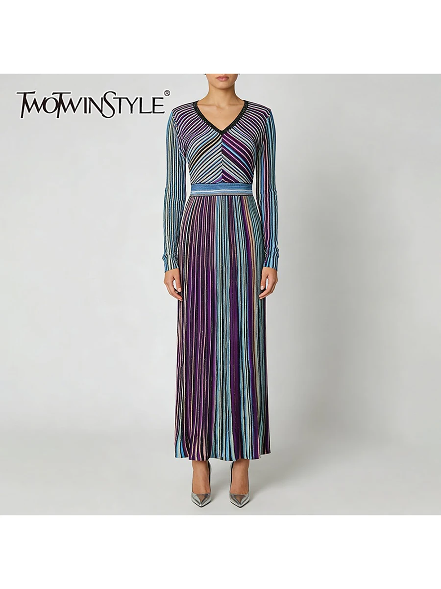 TWOTWINSTYLE Abito Moda Donna a Righe Bicolore in Seta Lucida, Scollo a V, Maniche Lunghe, Vita Alta, Vestito in Maglia Femminile Nuovo