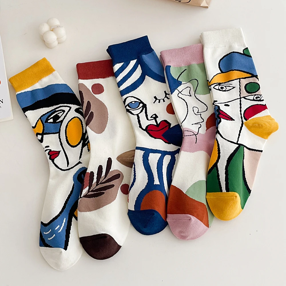 5 Pairs Funny Socks Women Cute Middle Tube Cotton Socks Aesthetic Fun Socks Kawaii Cartoon Spring Summer Crew Socks