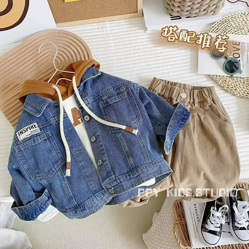 

Spring Autumn Children's Denim Jacket New Baby Autumn Clothes Boys Coat Hoodie Pants 3-Piece Set 2 3 5 7Y