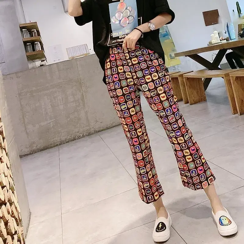 The New Style Fashionable Check Color Pattern Women's Cropped Flared Trousers,Thin Stretch Wide-leg Slacks Fall  Women Clothing