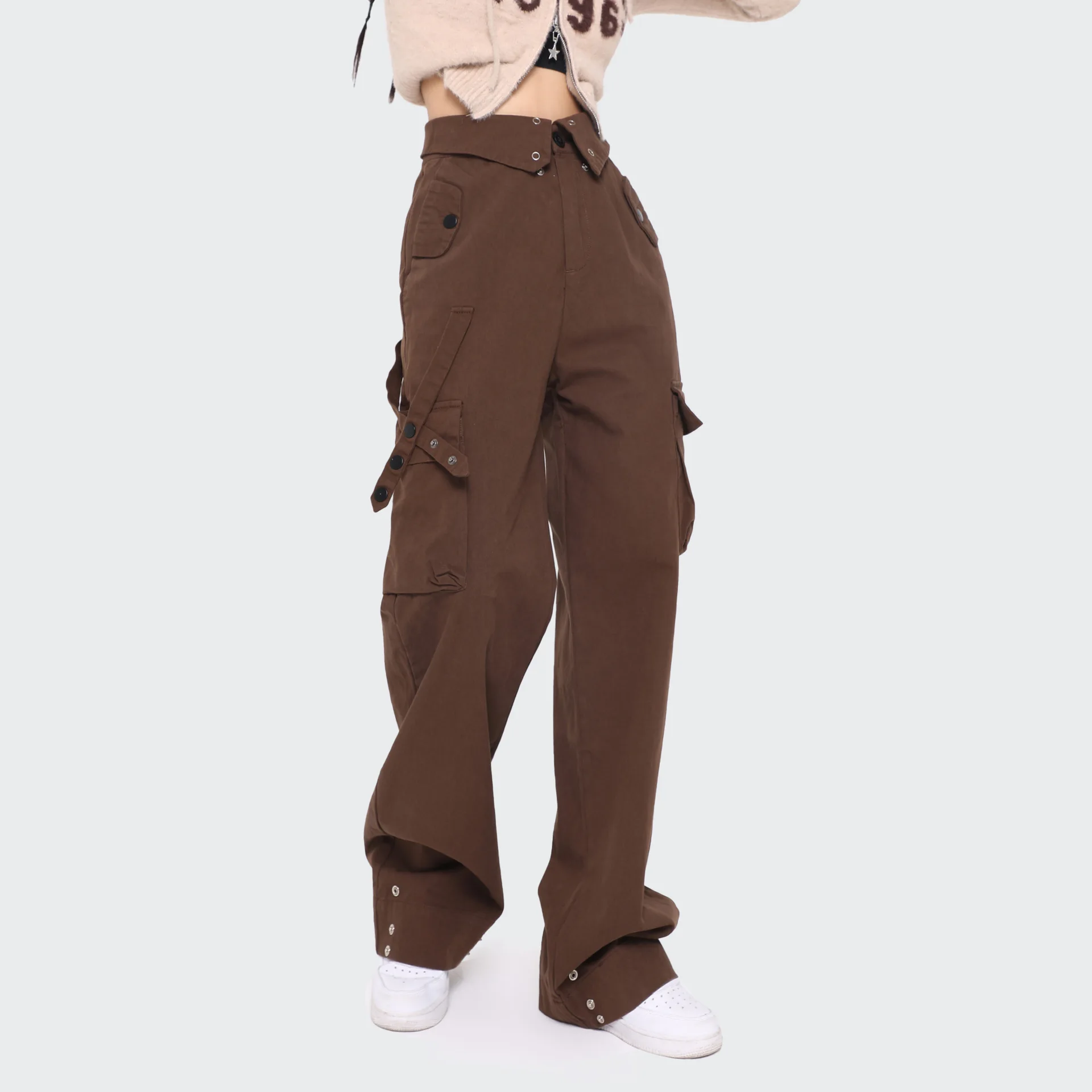 OR FL Autumn Trendy Brand American style 100 Cotton Women Cargo Trousers Retro Slacks Wide Leg Pants Women's High-waisted Pants
