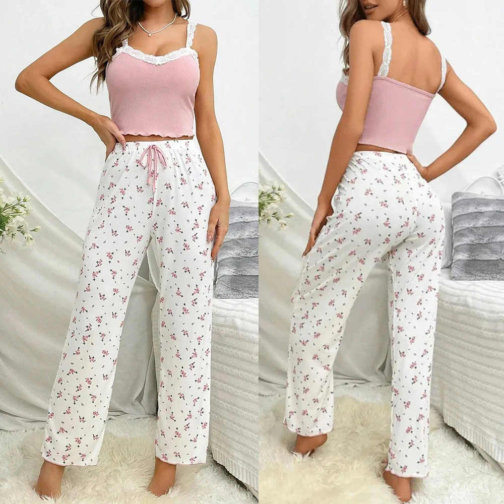 

Pajamas 2 Piece Sets Women Camisole Pants Summer Lace Sleeveless Flower Print Sling Top Trousers Sleepwear Cute Nightwear Suit