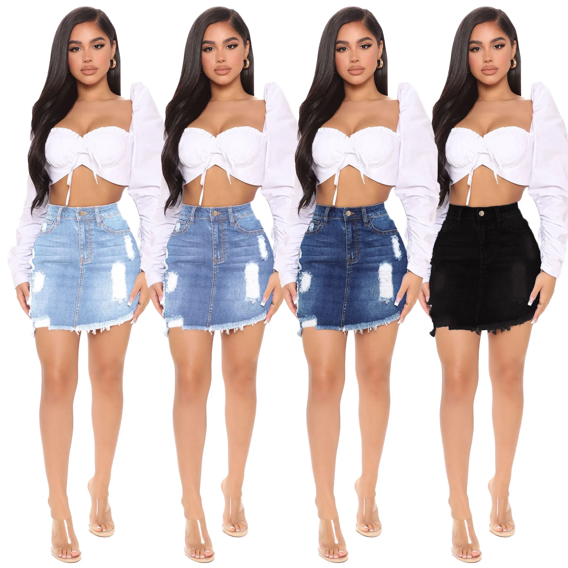 

High Waist Irregular Denim Skirt for Women A-Line Slim Fit Streetwear Button Detail Elegant Wrap Hip Solid Color Summer 2026