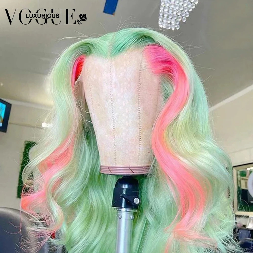 Wig rambut manusia renda depan transparan 13X4 berwarna hijau Mint merah muda sorot Wig rambut manusia penutupan renda gelombang tubuh Wig Remy Brasil dijual