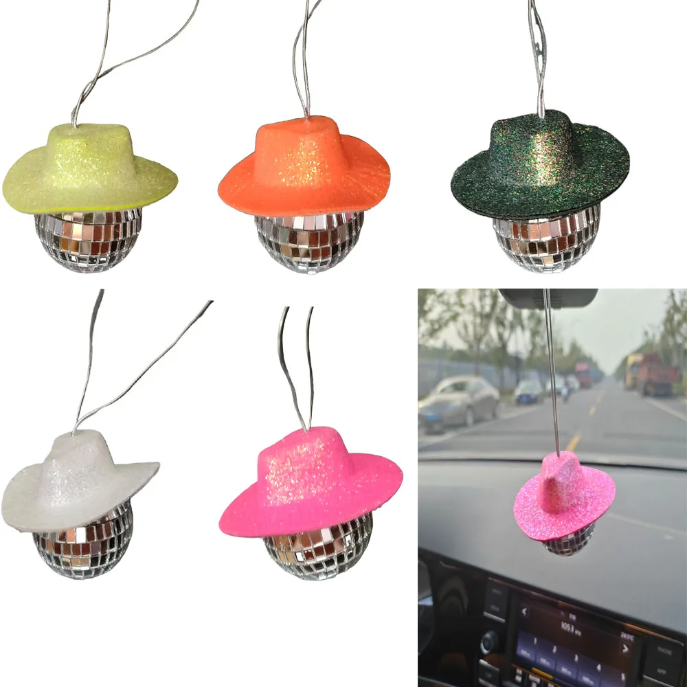 Disco Ball Hanging Rear View Mirror Car Decorations Pink Cowgirl  Hat Ball Party Decor Home Oranments Sparkly 70s Bachelorette