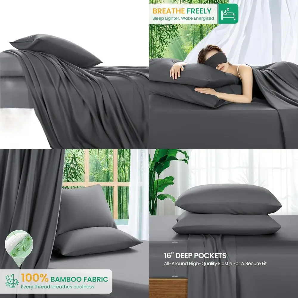 

Queen Size Bamboo Viscose Sheets - Ultra Breathable, Cooling Bedding for Hot Sleepers, 16 Pocket, 4-Piece Set in Grey
