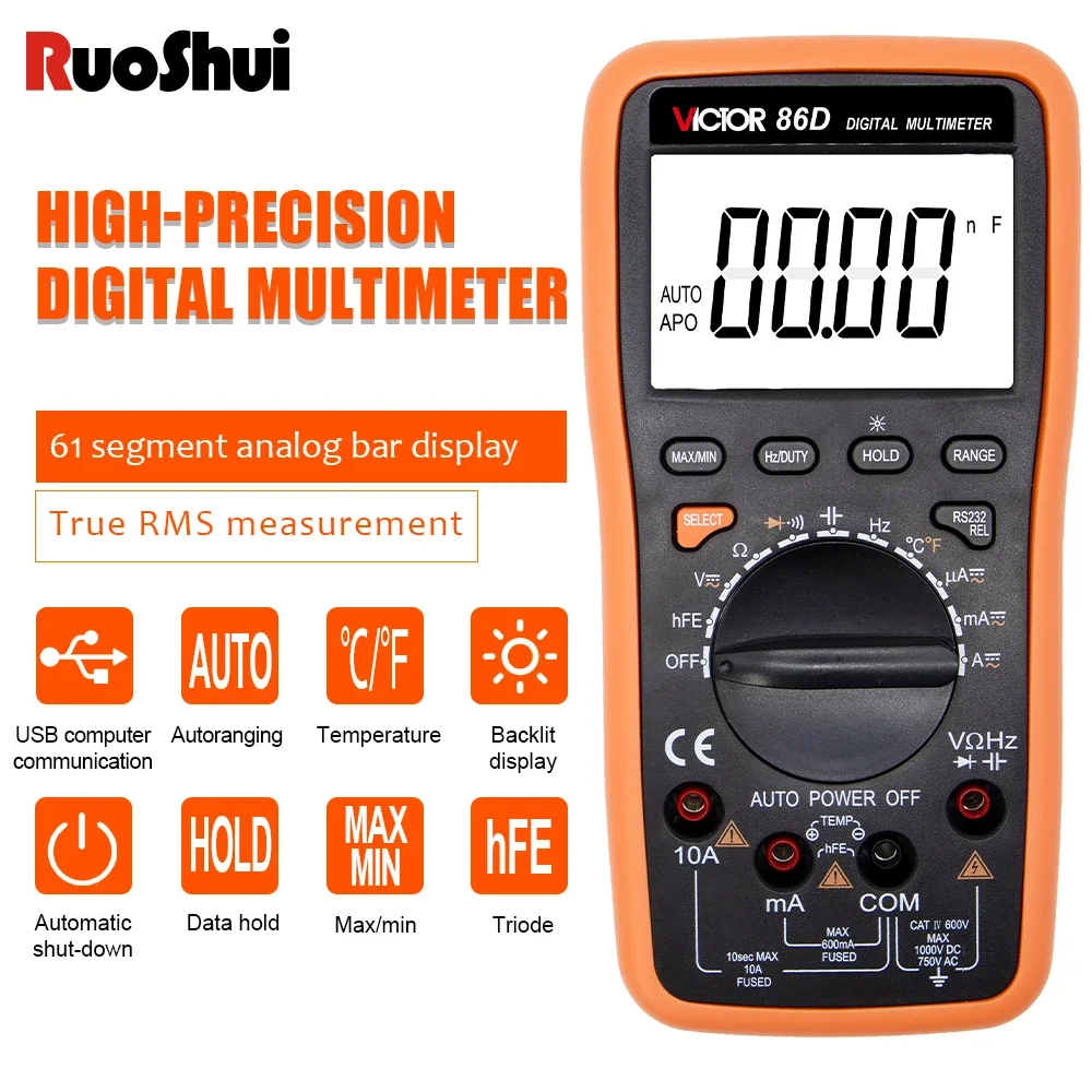 RUOSHUI 86B Handheld 3999 Counts LCD Auto Ranging Digital Multimeter With USB Interface 30MHz Frequency DC AC 1000V 10A Meters