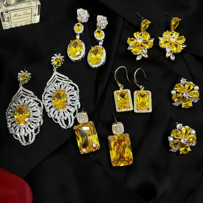 

European and American zircon earrings, light luxury yellow diamond tassel earrings, exaggerated earrings for work and commuting,