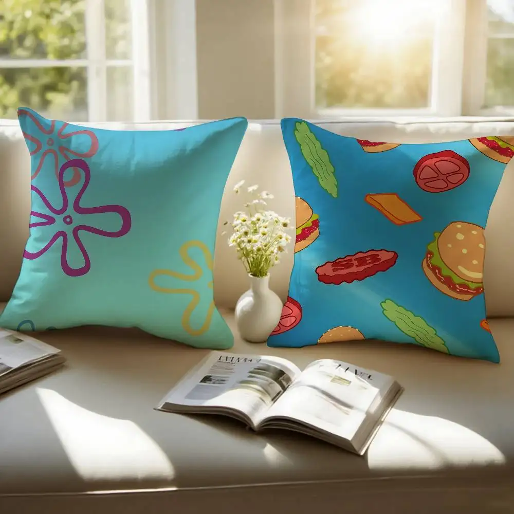 S-Sponge Bob S-S-SquarePants Pillow Case Anti-dustmite Pillowcase Invisible Zipper Silky Short Plush Sofa Cushion Cover