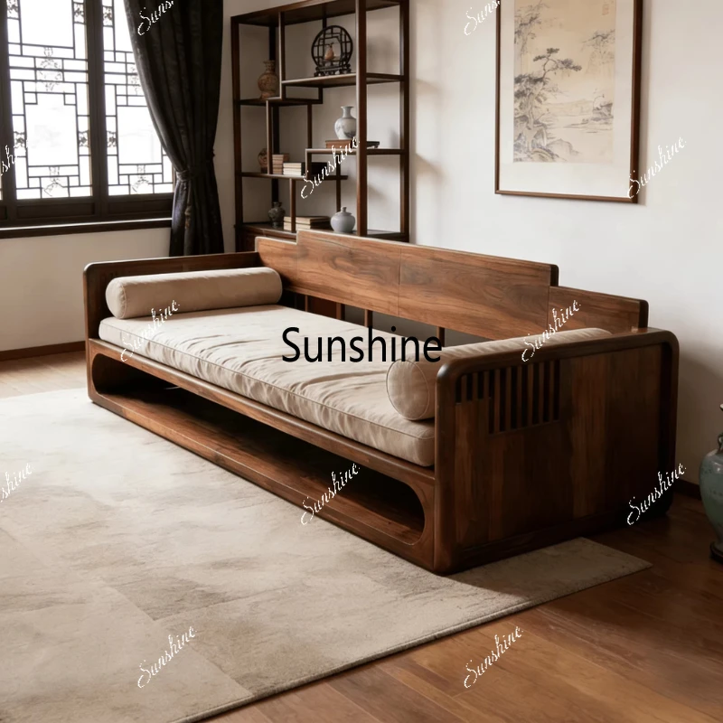 

New Chinese style, solid wood, living room, light luxury, leather cloth straight row sofa living room furniture