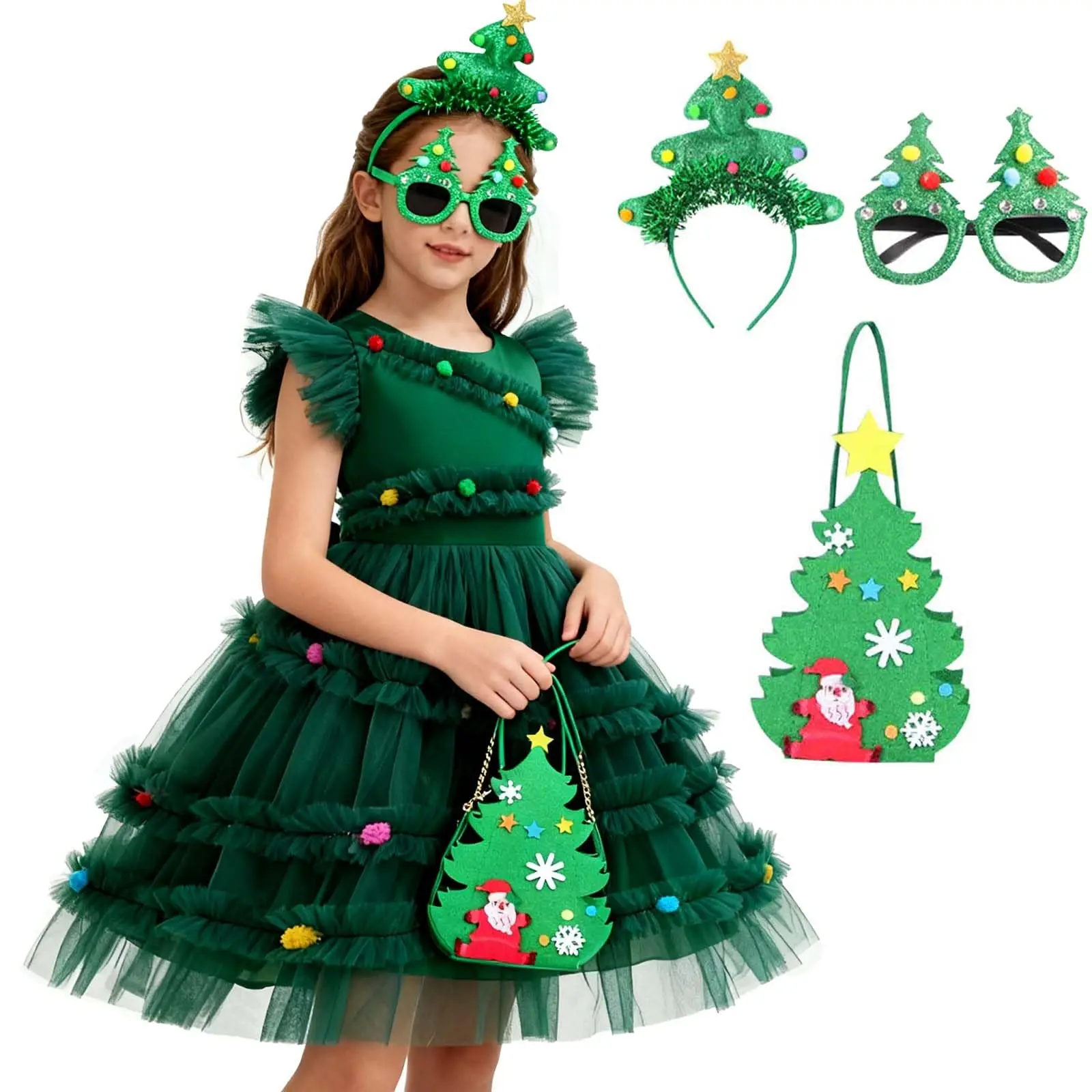 

Girl Christmas Tree Dress Costume Xmas Cosplay Outfit Green Tulle Skirt Round Neck Sleeveless with Accessories