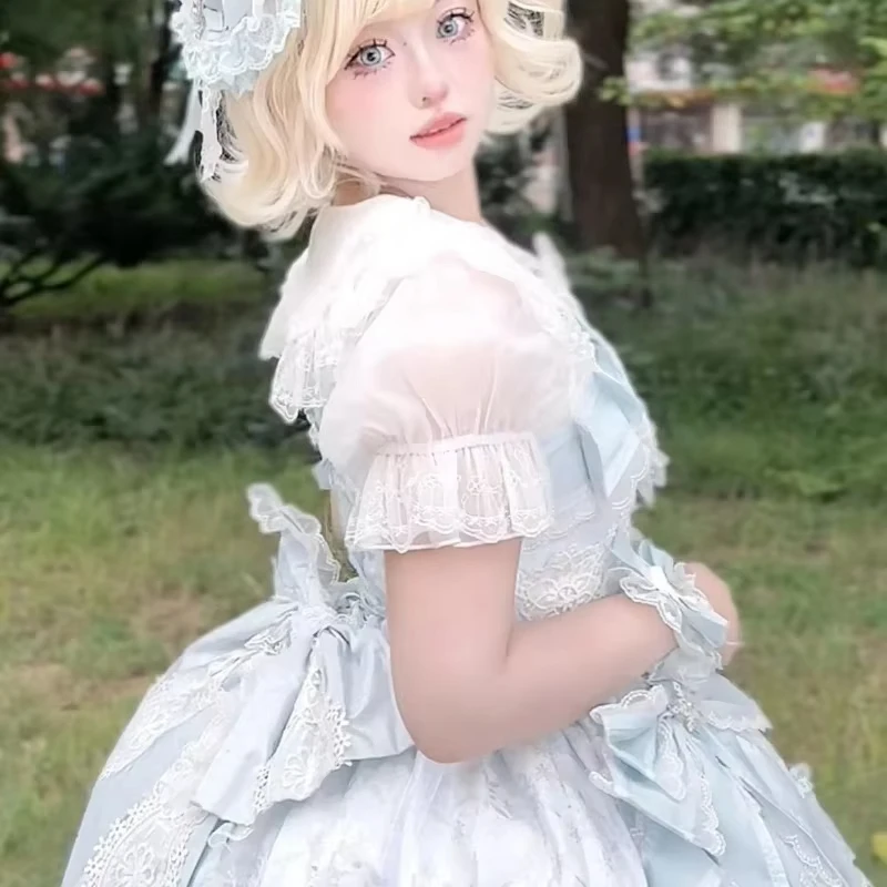 Japonês gola de boneca doce lolita rendas retalhos blusas verão feminino harajuku camisas de manga alargamento feminino jk único breasted topos