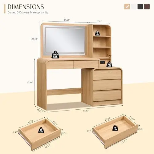 Vanity Desk with Mirror and Lights, 50” Modren Makeup Vanity with 35.43