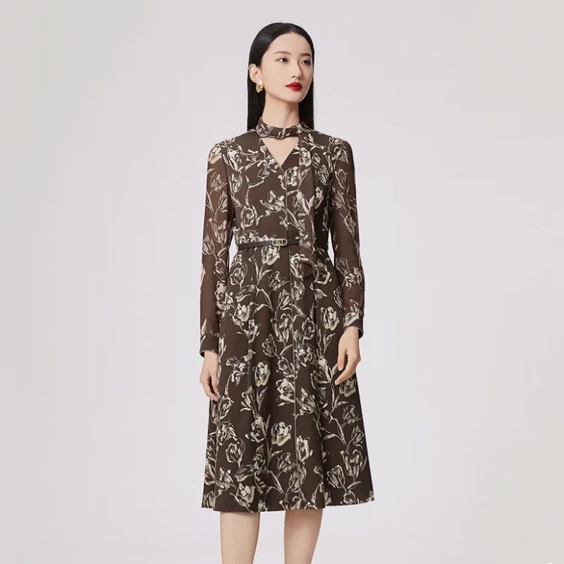 

Ele V-Ne Printed Long Sve Slimming Tea Break Dr Women's Faionable Spring Dr Zipper Sle Midi Dr