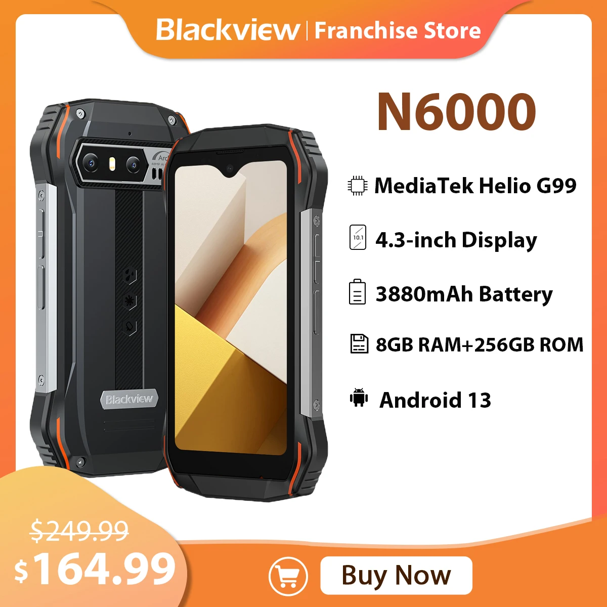 Blackview N6000 Rugged Phone Helio G99, 4.3'' 90Hz Display 8GB 256GB Android 13 Mobile Phone 3880mAh With 33W Charge Cellphone