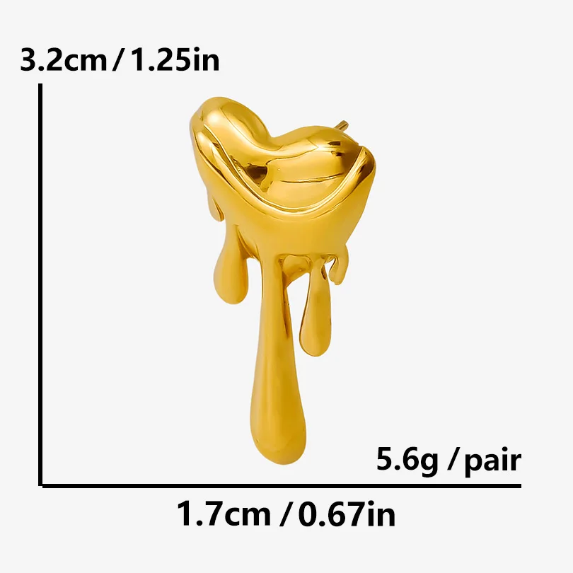 Flowing Liquid Stainless Steel Heart Ear Studs For Women Men Accessories Waterproof Real  Gold Plated Fashion Earrings Jewelry