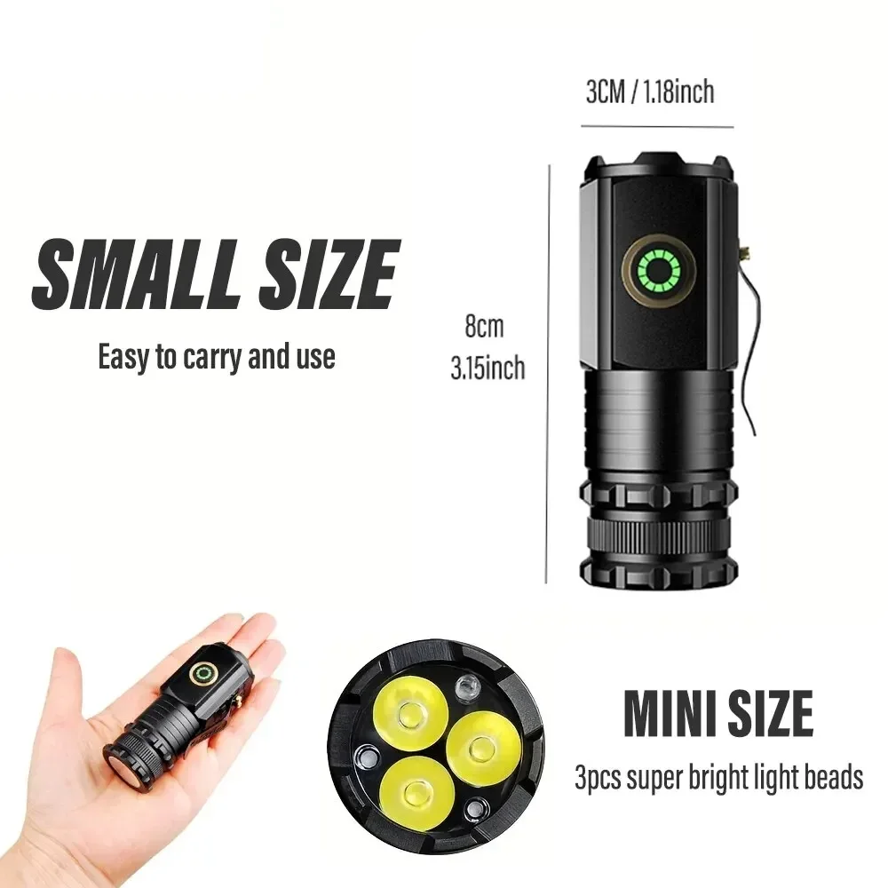 High Power Led Flashlights MINI Torch With 3 LED and Powerful Magnet Self-defense Lamp 5 Lighting Modes Bright Outdoor Lights