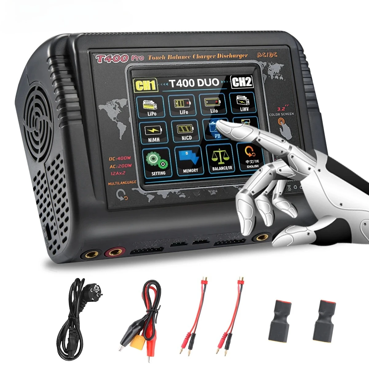 DC 400W AC 200W Lipo Battery Charger T400 RC Charger Discharger For LiHV LiFe Li-lon NiCd NiMh Pb LiPo Batteri Dual Charger