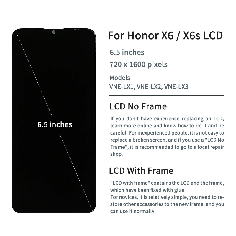 6.5 "nuovo per Honor X6 LCD VNE-LX1 Display Touch Screen Digitizer Assembly per Honor X6s VNE-LX2 LCD con cornice X6 LCD VNE-LX3