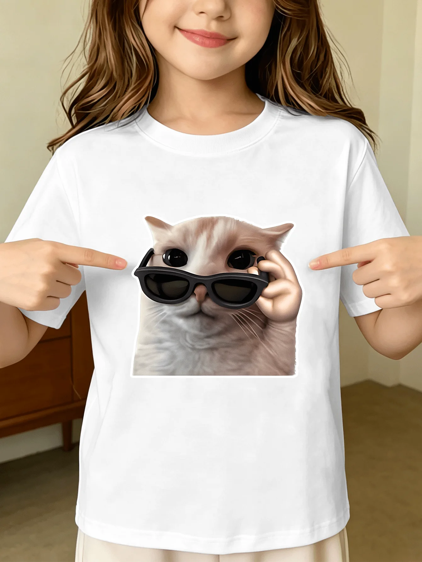 Trendy Cute Kitten With Sunglasses Meme Pet Art Print Kids T Shirt Boys Girls Family Matching Summer Crew Neck Short Sleeve Tee