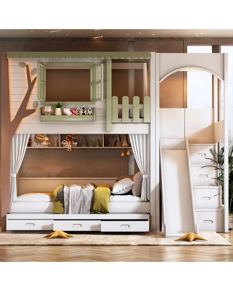 Solid Wood Tree House Style Bunk Bed Twin Over Twin Design Creative Teen Loft Small Apartment Space Saving Multi-Functional Furn