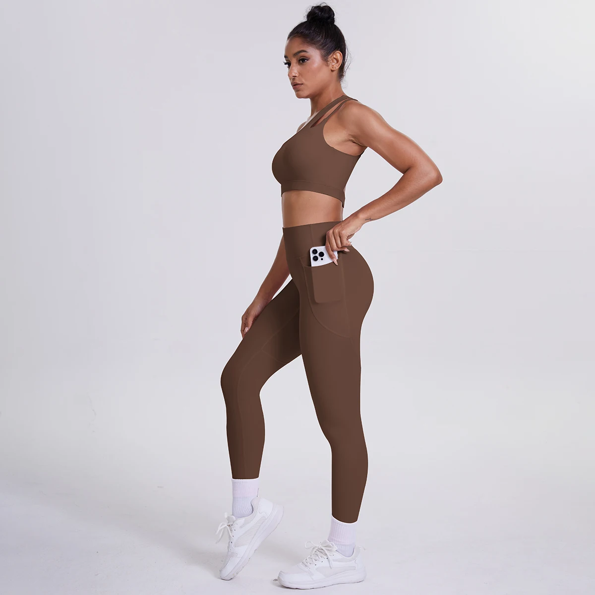 2-teiliges einfarbiges Sport-Yoga-Set für Damen, sexy, schräger Schulter-BH, Fitness-Top, Laufen, Radfahren, Taschen, Hosen, Fitnessstudio, Yoga-Set – Detail 6