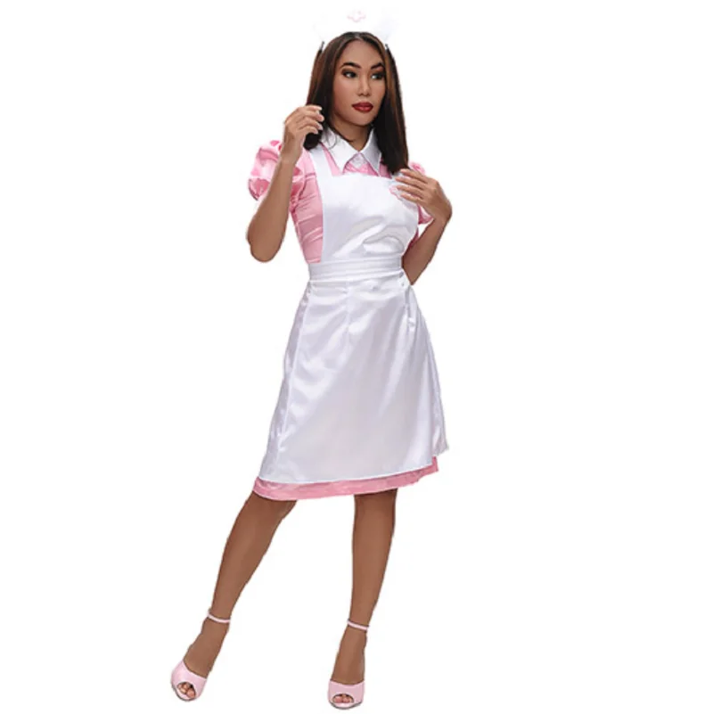 nouvelle-magnifique-robe-d'infirmiere-en-satin-rose-jupe-longue-epissage-tablier-blanc-jupe-cosplay-personnalisation-privee