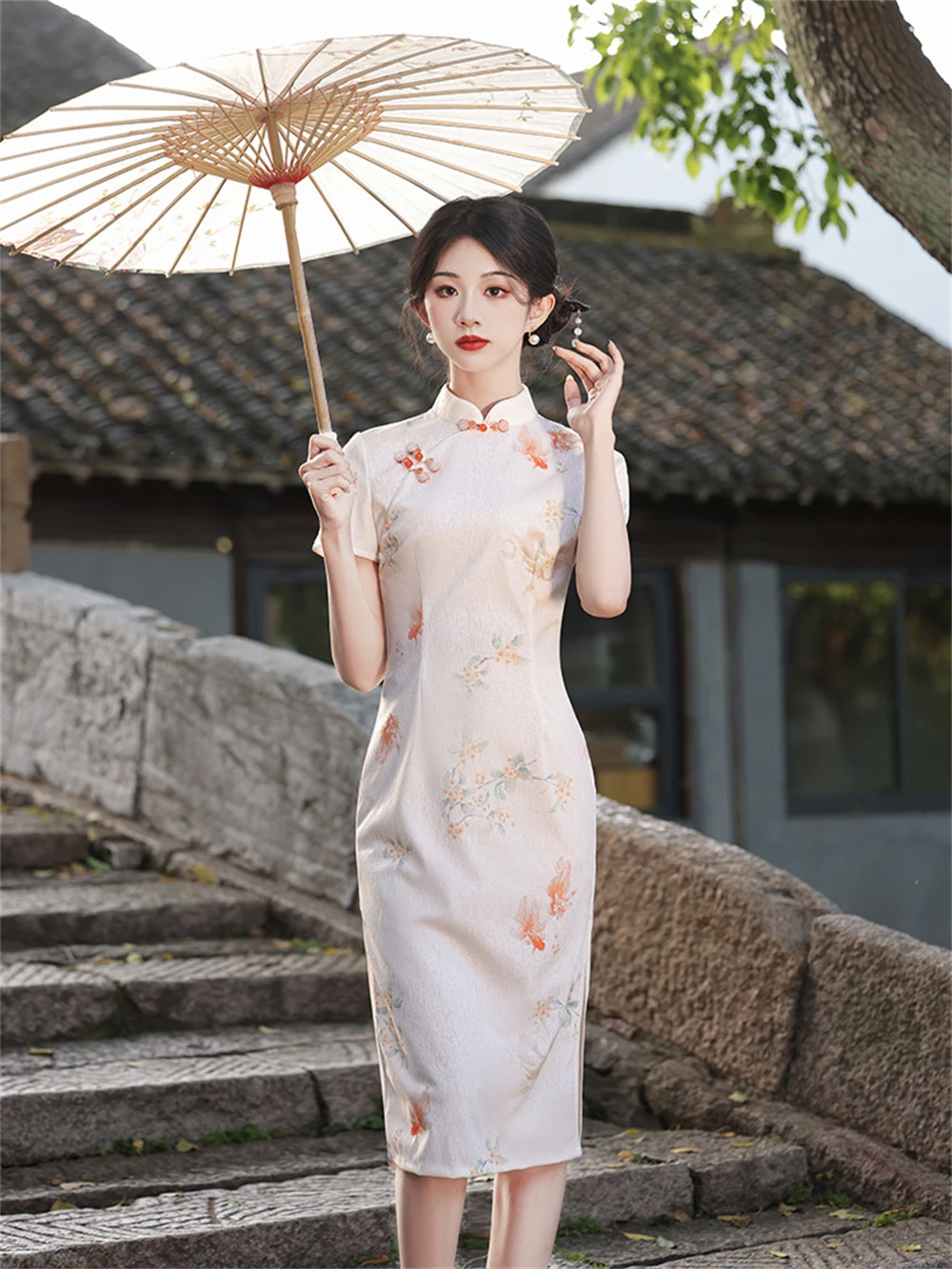 Cheongsam floral de peixe dourado vintage feminino, jovem, qipao tradicional chinês, manga curta fina feminina, vestido elegante de verão