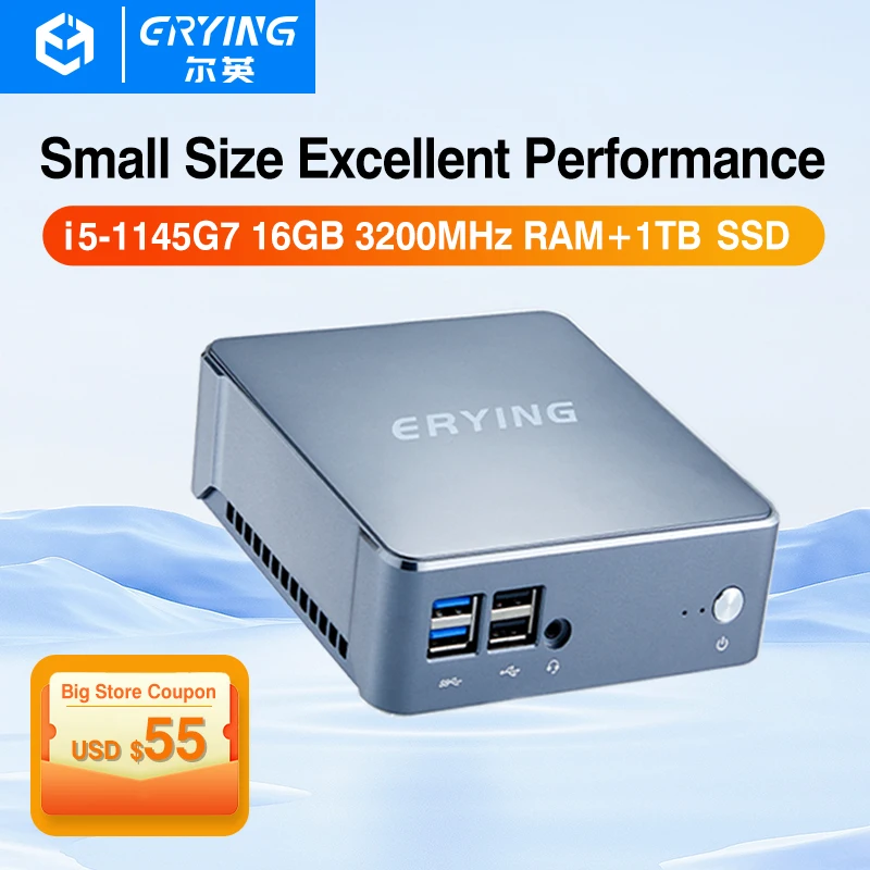 ERYING Mini PC i5-1145G7 MU05 + 16GB RAM + 1TB NVME SSD Set For Windows 11 Gaming Desktop Computer