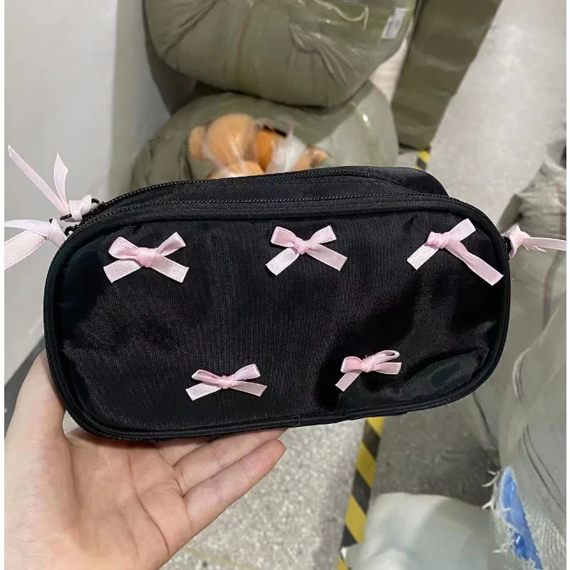 

1 шт., кремово-розовая сумка-карандаш с бантом, черная большая вместительная сумка для хранения канцелярских принадлежностей, студенческий пенал, обратно в школу