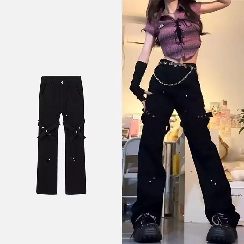 Americano retro rebite jeans mulher lazer streetwear rendas elegante chique vibe esfregar calças amarrado design y2k casal jean