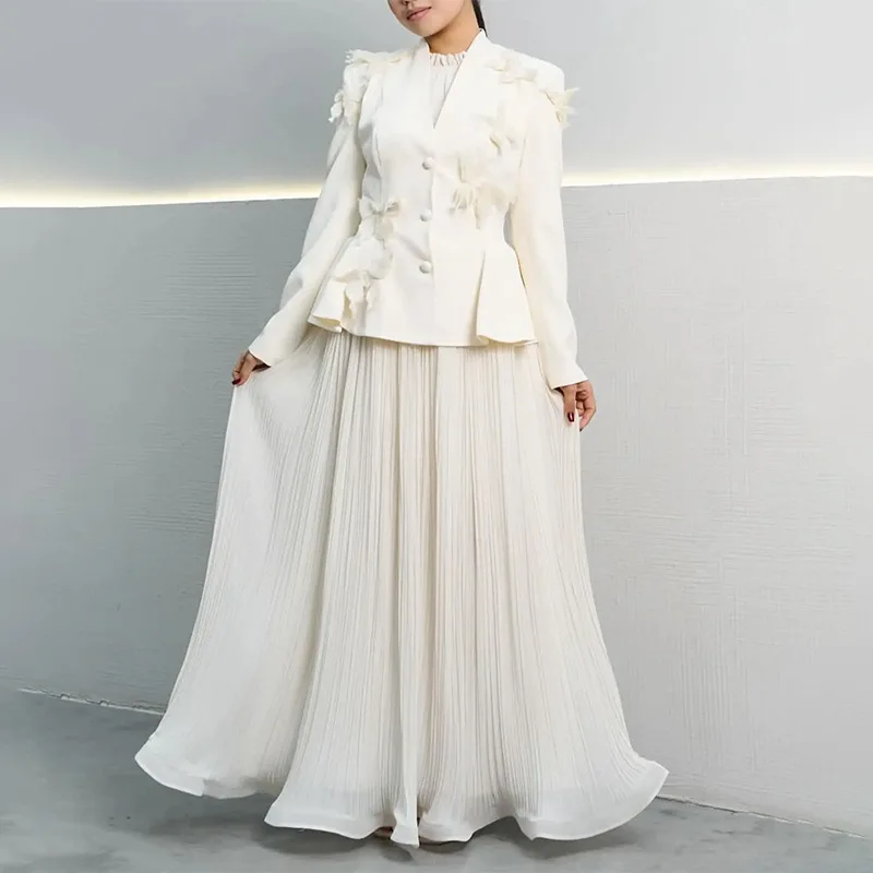 

Spring Dimensional Flowers Skirt Outfit Women Long Sleeves V-neck Blazer+loose High Waist Knee Length Skirt Female Two Piece Set