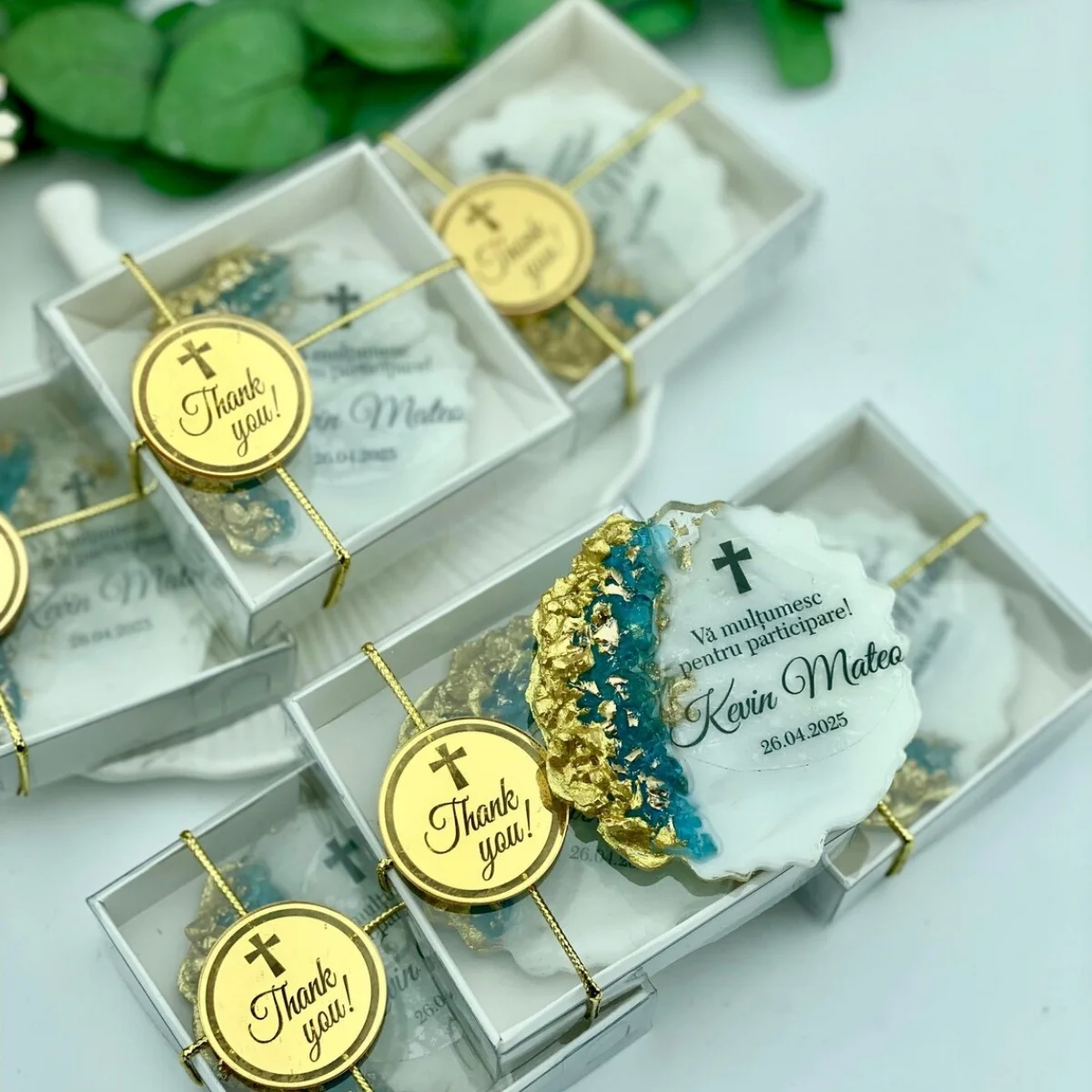Baby Boy Baptism Favor, Custom  Blue & Gold Epoxy Magnet Keepsake