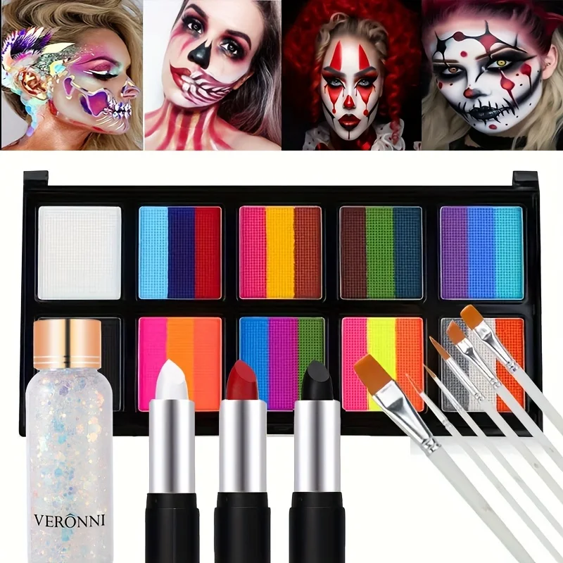 顔と体のためのUVペイントキット,ブラシ,キラキラ,アイシャドウスティック,クリスマスハロウィーンの役割,26色,黒,白,赤,6個