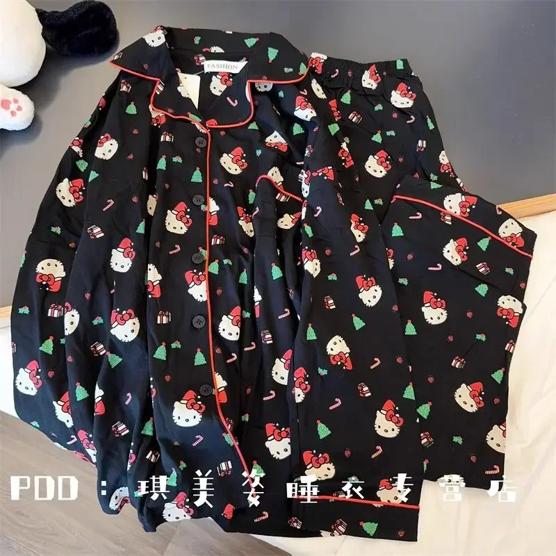 Hello Kitty Black Pajamas for Women Spring and Autumn New Style Long Sleeves Trousers Loose Comfortable Home Wear Kawaii Gift