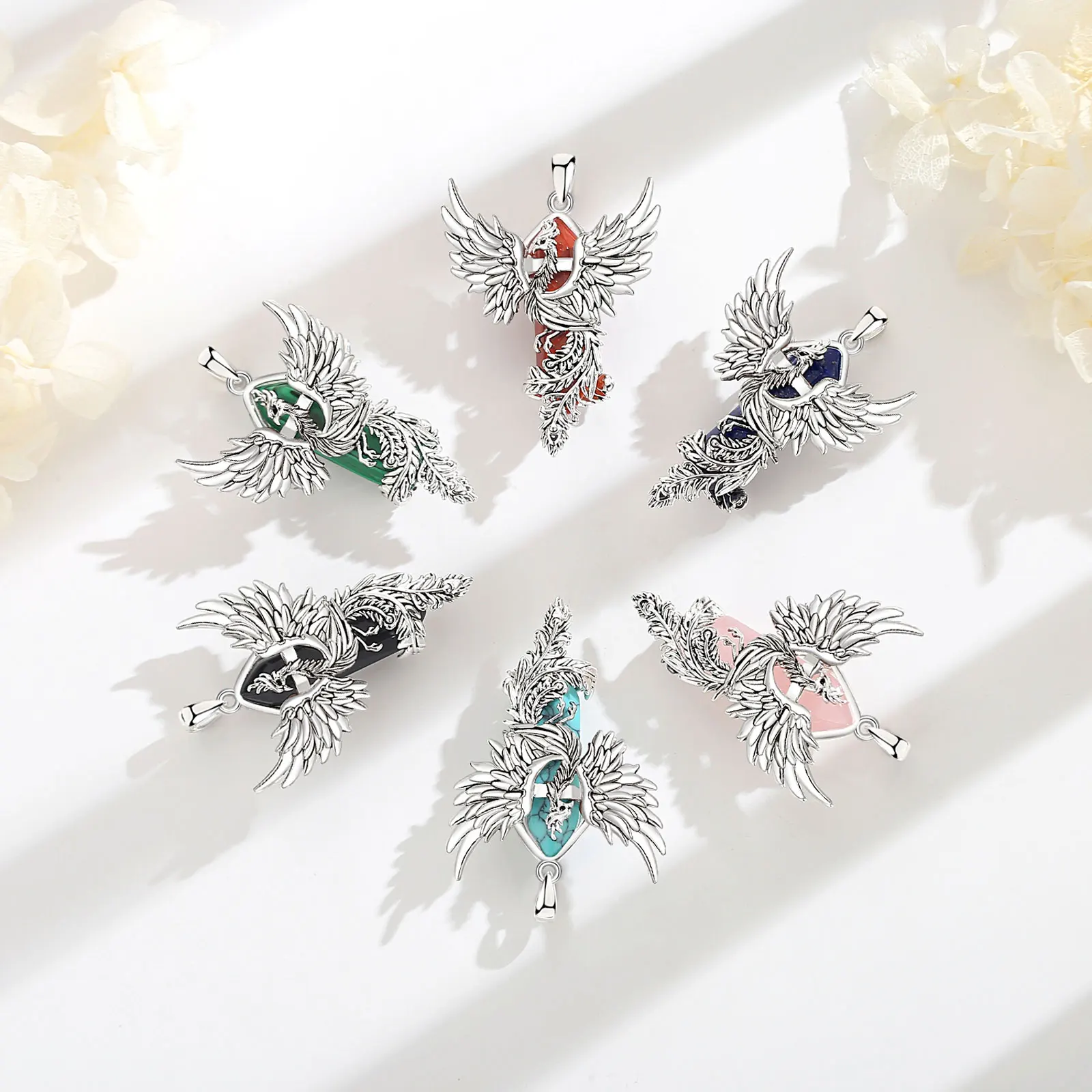 Eudora Phoenix Twining Hexagonal Prismatic Redstone Necklace Punk Healing Stone Pendant Personality Jewelry for Women Man Gift