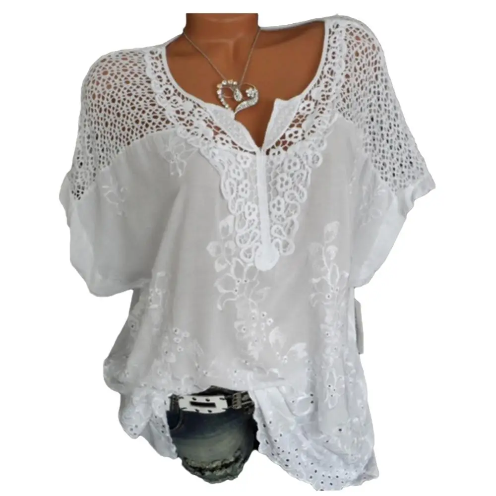 PLUS Size Loose Short-Sleeved Lace Women Blouses Cotton Blouses 2025 Summer V-neck White Shirt Tops Sexy Fashion Women Shirt