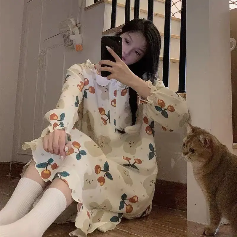 Korean Women Spring Autumn Pajamas Long Sleeve Sweet Pyjamas Round Collar Printed Nightgown Lacework Single Breasted Sleepwear