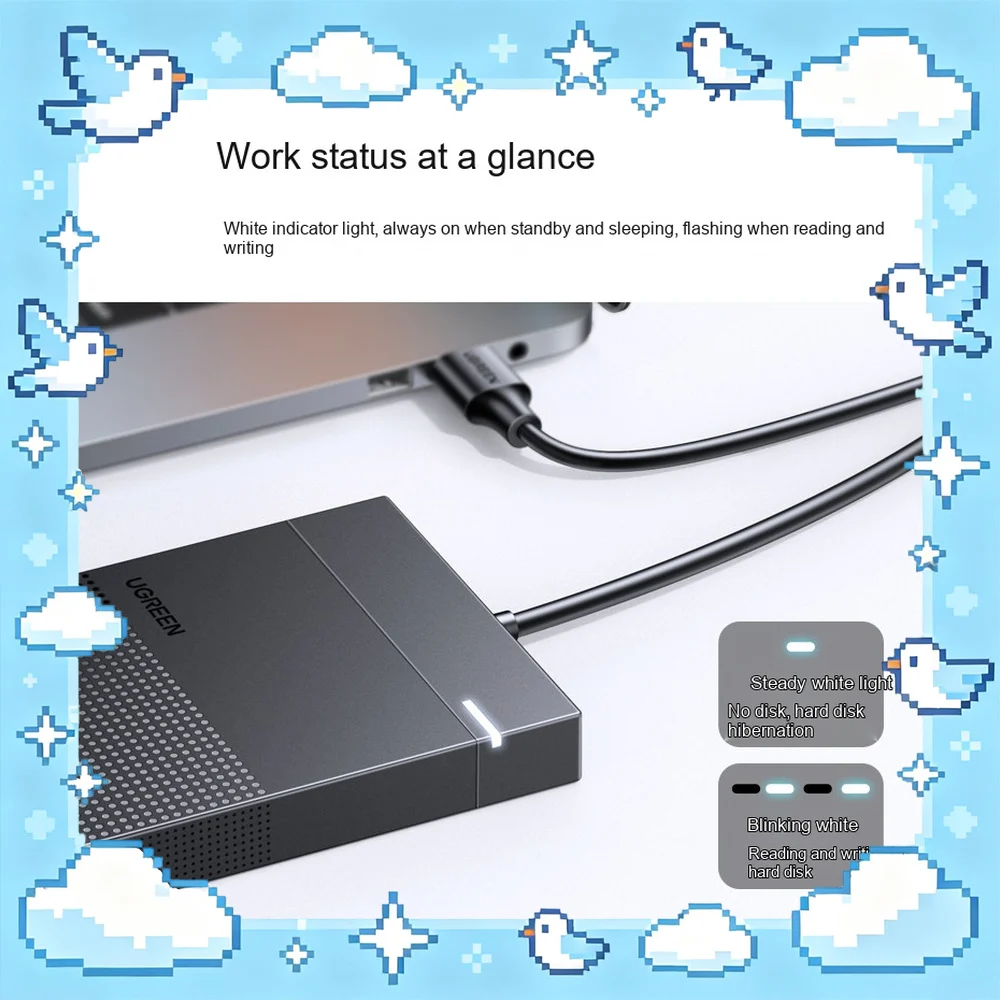 UGREEN 30719 CM471 2.5 Inch SATA HDD Enclosure USB 3.0 Built-in Cable 5Gbps External Hard Drive Case