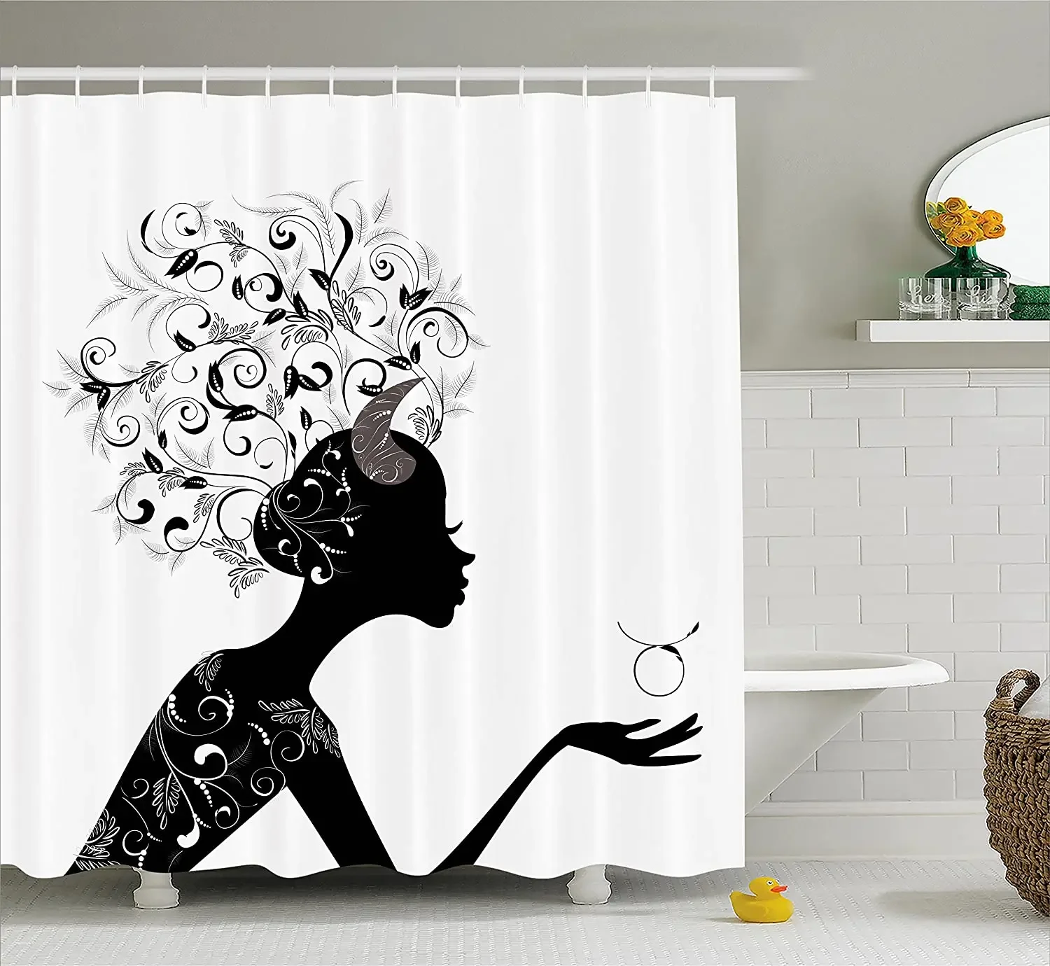 Zodiac Taurus Shower Curtain Fashion Girl Black Silhouette with Floral Hairdo and Dress Modern Icon Waterproof Bath Curtains