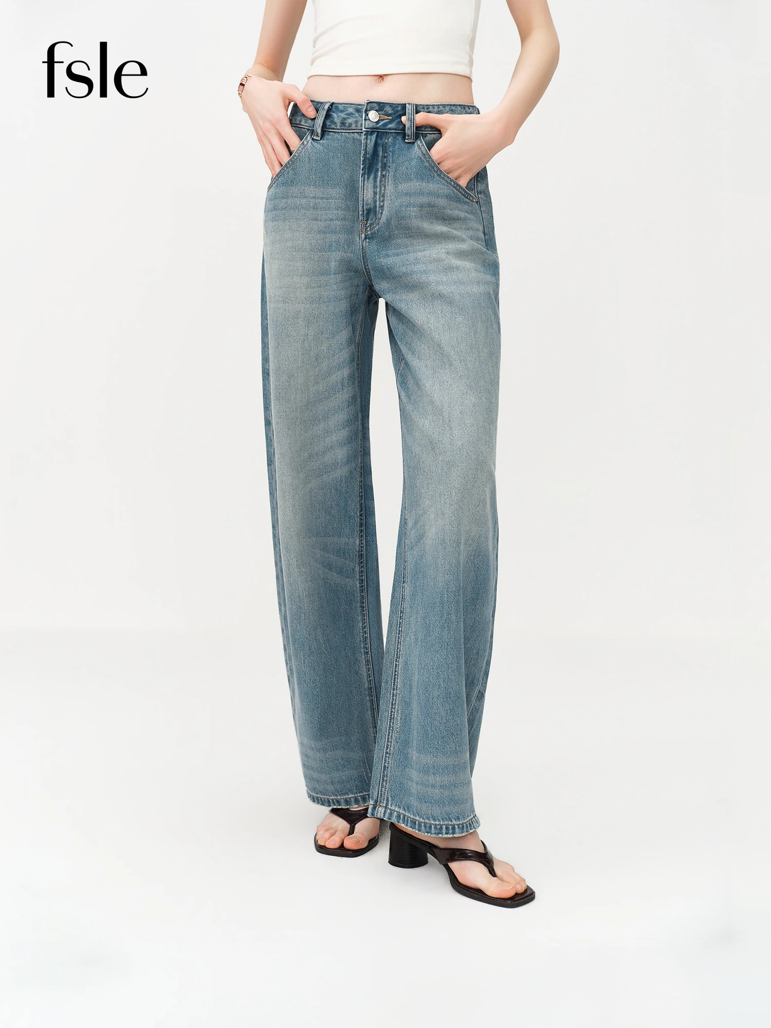 

FSLE 2026 Summer Women's Vintage Wash Light Blue Jeans - Arc Leg Relaxed Fit Denim Pants for Casual Daily Street Style