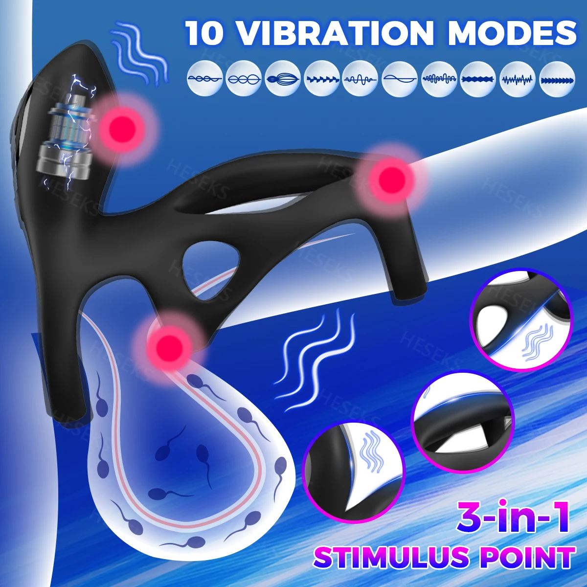 HESEKS Vibrating Penis Ring Cock Sleeve Penis Vibrator Extender Enlarge Cock Cage Delay Ejaculation Erection Sex Toys for Men 18