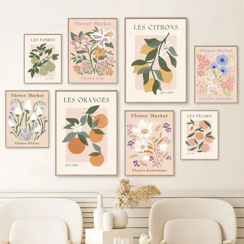 Flower Market Wall Art Canvas Painting Orange Peach Lemon Pear Nordic Poster Printed Picture Living Room Decorative Painting
